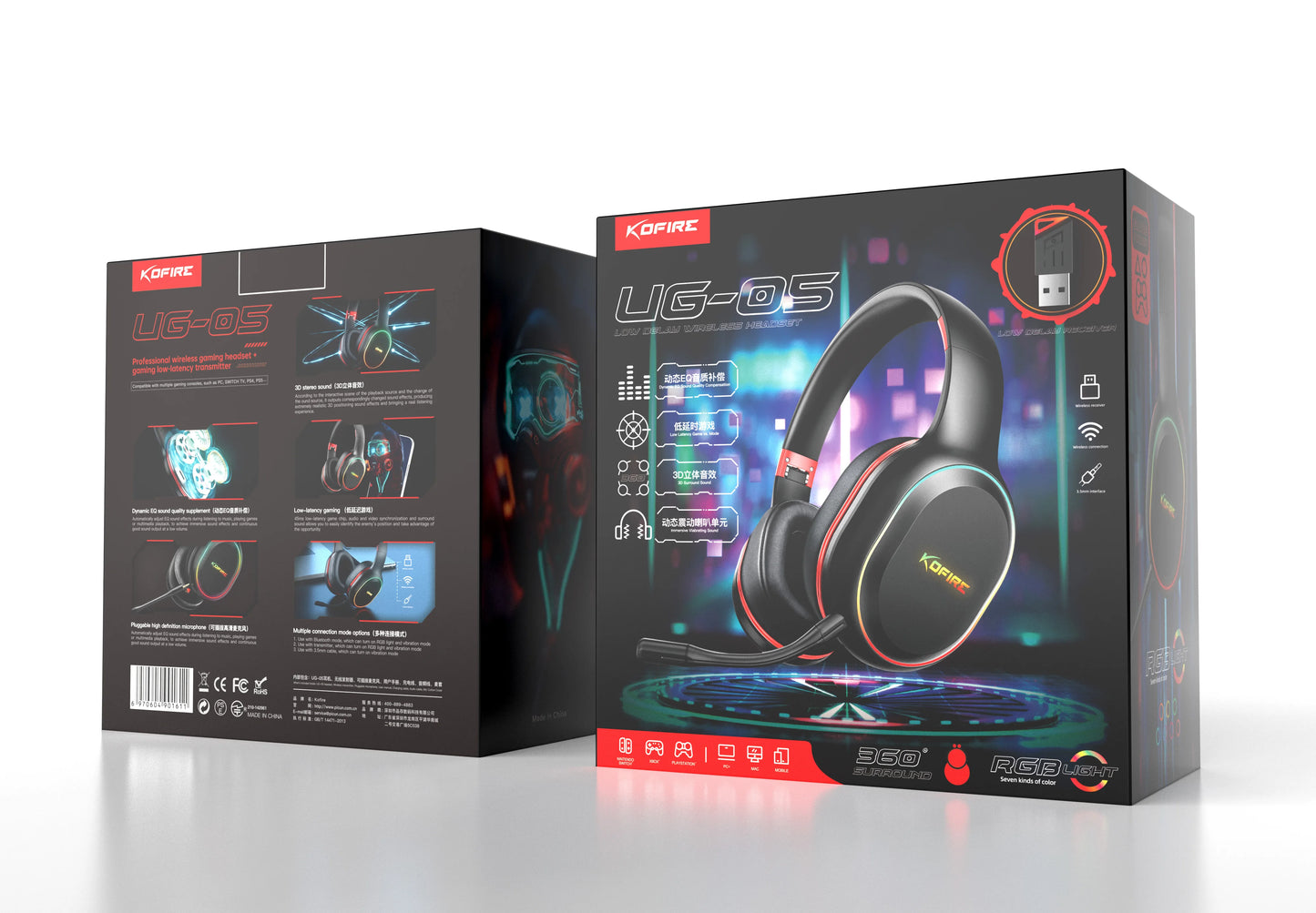 Fones de Ouvido Gamer Kofire UG-05 Headset Sem Fio 2.4G BT5.0 com Microfone, Luz RGB, Vibração, Fone Bluetooth para PS4 PS5 PC Switch