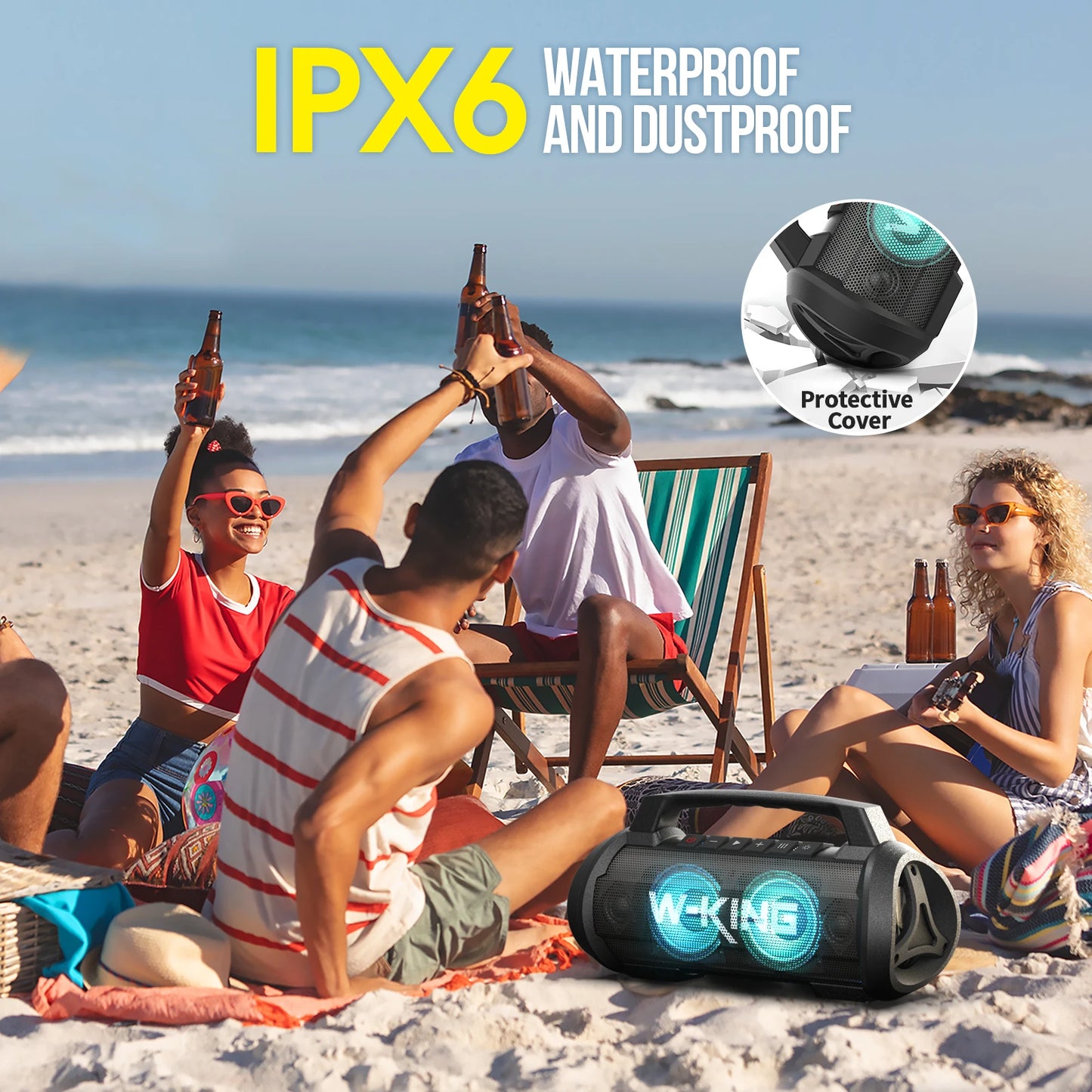W-KING D10 alto-falante bluetooth portátil, 120W de pico 70W de potência sonora, alto-falante sem fio à prova d'água para uso externo, graves profundos