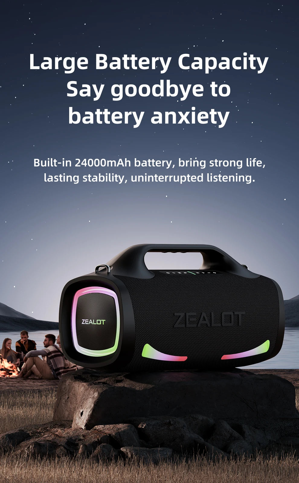 ZEALOT-S79 Alto-falante Portátil para Festas com Bluetooth 5.2, Alça de Transporte, 24 Horas de Reprodução – Ideal para Festas e Camping