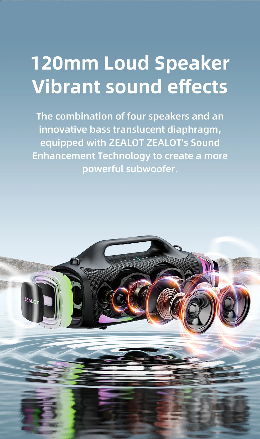 ZEALOT-S79 Alto-falante Portátil para Festas com Bluetooth 5.2, Alça de Transporte, 24 Horas de Reprodução – Ideal para Festas e Camping