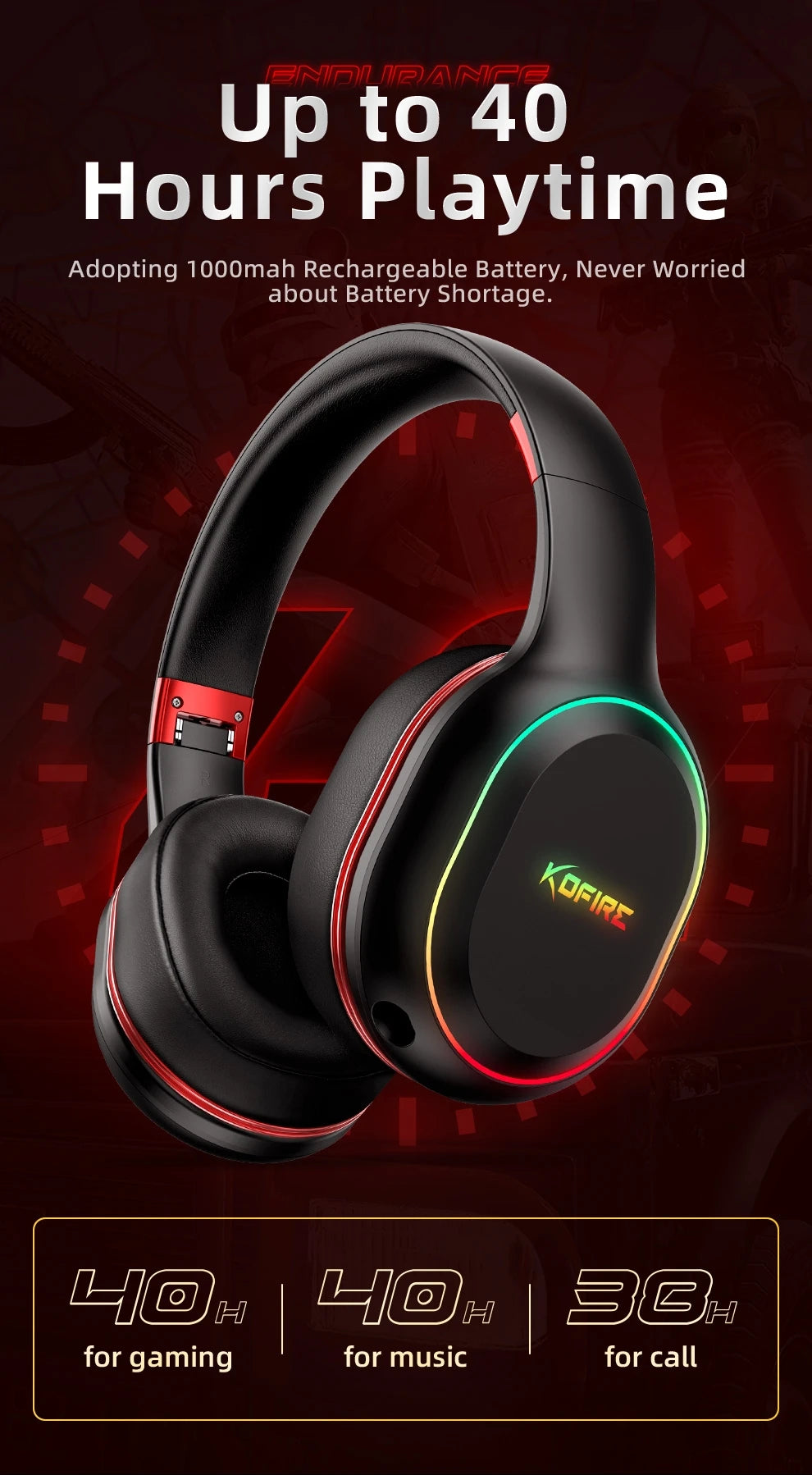 Fones de Ouvido Gamer Kofire UG-05 Headset Sem Fio 2.4G BT5.0 com Microfone, Luz RGB, Vibração, Fone Bluetooth para PS4 PS5 PC Switch