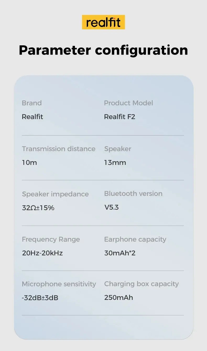 Fone de Ouvido Bluetooth Realfit F2 – Qualidade Hi-Fi Excelente, Fones TWS Sem Fio