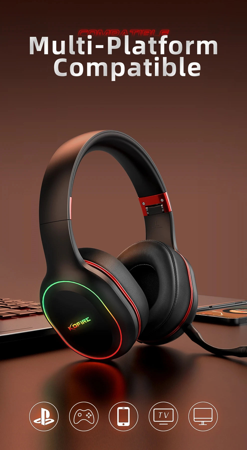 Fones de Ouvido Gamer Kofire UG-05 Headset Sem Fio 2.4G BT5.0 com Microfone, Luz RGB, Vibração, Fone Bluetooth para PS4 PS5 PC Switch