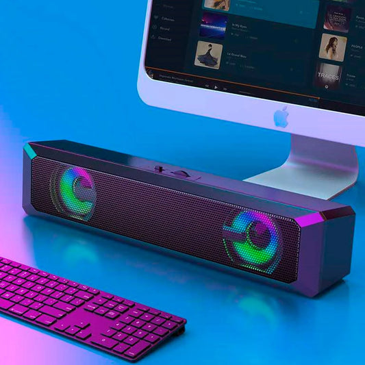caixa de som soundbar gamer 6w usb p2 led rgb para tv pc notebook celular tablet som potente hi-fi estéreo plug and play cabo longo