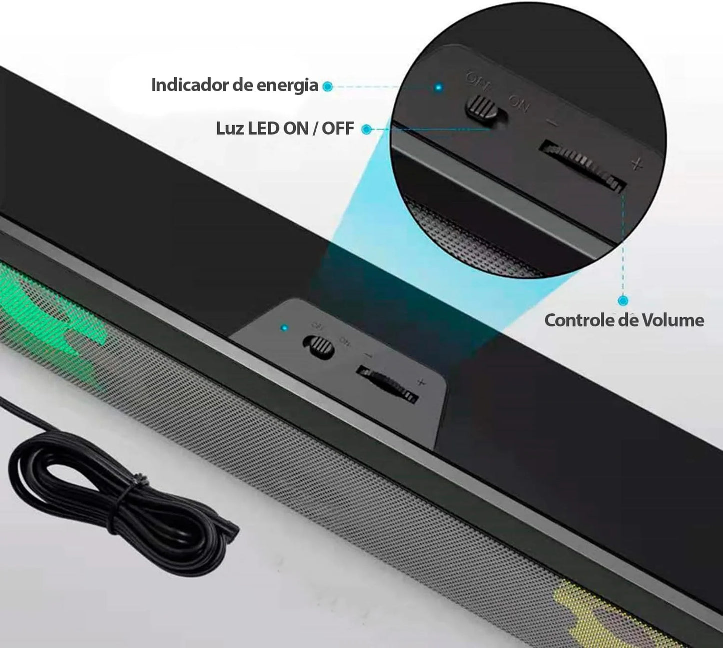 caixa de som soundbar gamer 6w usb p2 led rgb para tv pc notebook celular tablet som potente hi-fi estéreo plug and play cabo longo