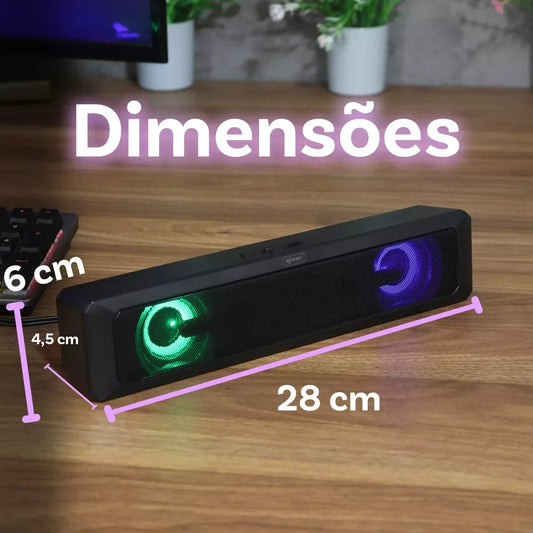 caixa de som soundbar gamer 6w usb p2 led rgb para tv pc notebook celular tablet som potente hi-fi estéreo plug and play cabo longo