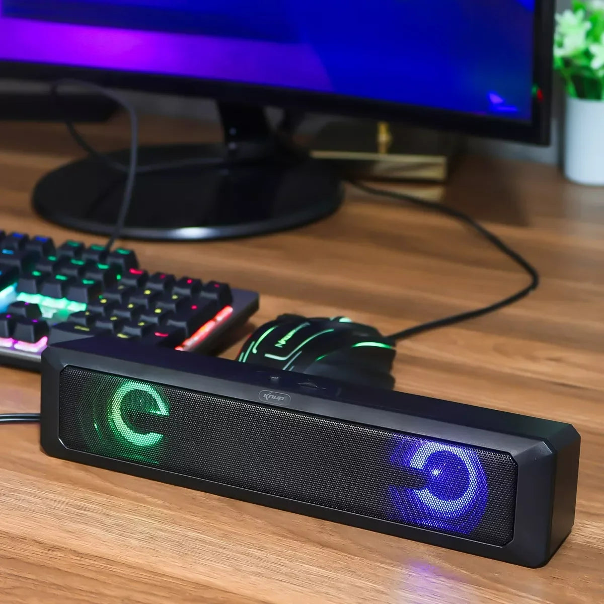 caixa de som soundbar gamer 6w usb p2 led rgb para tv pc notebook celular tablet som potente hi-fi estéreo plug and play cabo longo