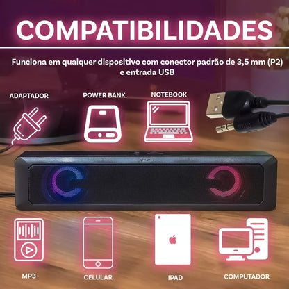 caixa de som soundbar gamer 6w usb p2 led rgb para tv pc notebook celular tablet som potente hi-fi estéreo plug and play cabo longo