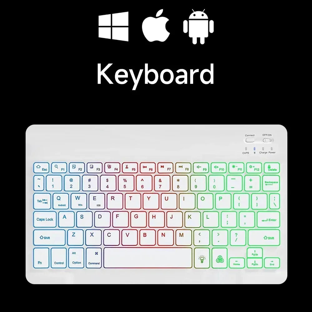 teclado bluetooth retroiluminado RGB mini de 10 polegadas com mouse sem fio recarregável compatível com idiomas espanhol, russo, hebraico, coreano, francês, árabe e português