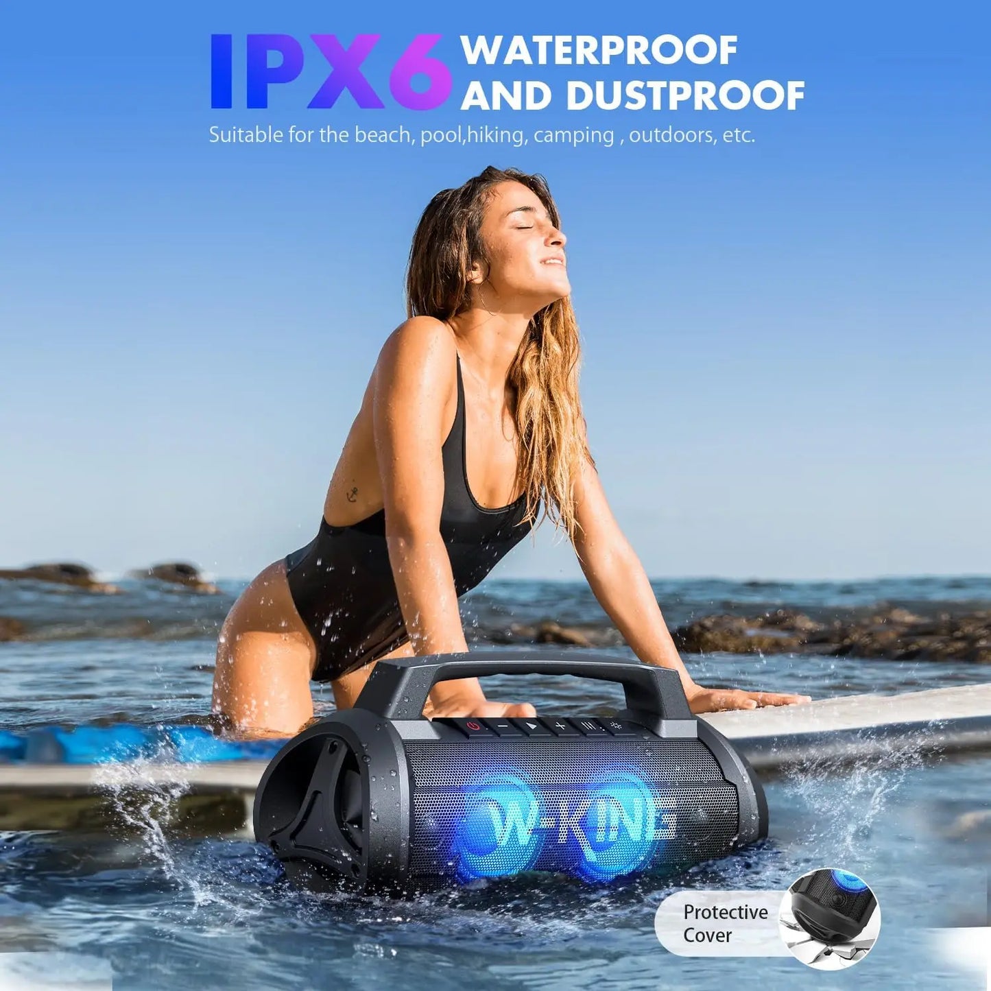 W-KING D10 alto-falante bluetooth portátil, 120W de pico 70W de potência sonora, alto-falante sem fio à prova d'água para uso externo, graves profundos