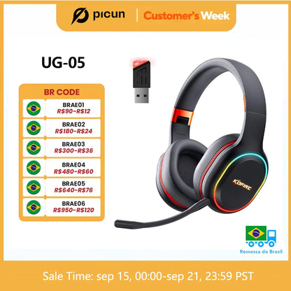Fones de Ouvido Gamer Kofire UG-05 Headset Sem Fio 2.4G BT5.0 com Microfone, Luz RGB, Vibração, Fone Bluetooth para PS4 PS5 PC Switch