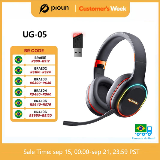 Fones de Ouvido Gamer Kofire UG-05 Headset Sem Fio 2.4G BT5.0 com Microfone, Luz RGB, Vibração, Fone Bluetooth para PS4 PS5 PC Switch