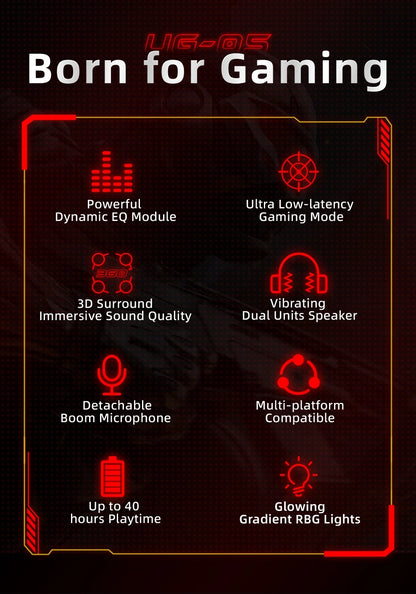 Fones de Ouvido Gamer Kofire UG-05 Headset Sem Fio 2.4G BT5.0 com Microfone, Luz RGB, Vibração, Fone Bluetooth para PS4 PS5 PC Switch