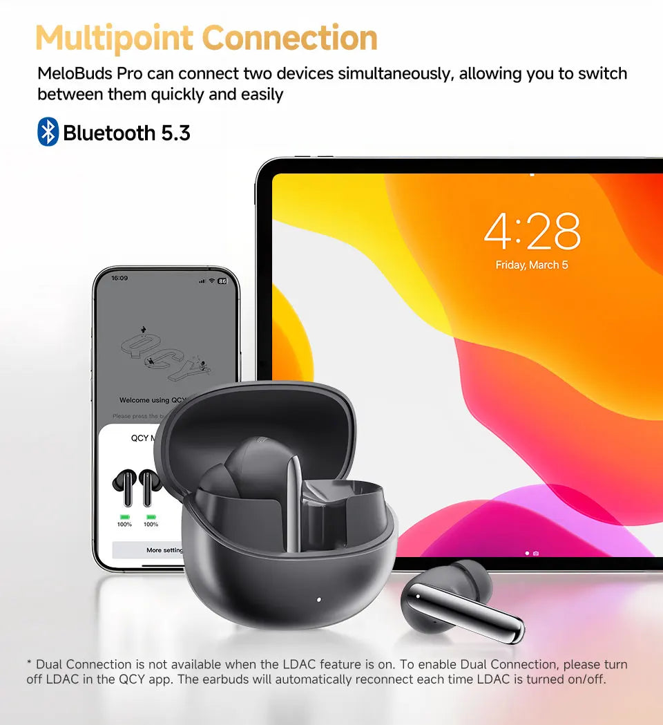 fone de ouvido sem fio QCY MeloBuds Pro ANC bluetooth 5.3 áudio de alta resolução com LDAC earbuds com cancelamento de ruído ativo de 46dB headphones