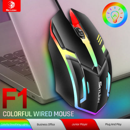 mouse com fio F1 de 3 botões iluminação colorida para jogos e escritório compatível com sistemas Microsoft Windows e Apple iOS