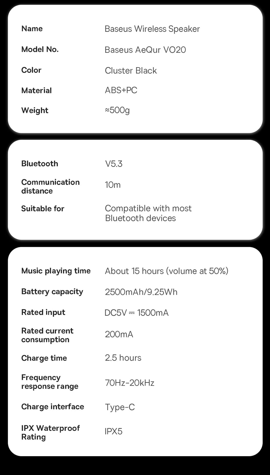 Caixa de Som Portátil Baseus AeQur VO20 para Camping, Bluetooth 5.3, Graves Potentes, 15 Horas de Reprodução, Mini Caixa de Som Sem Fio para Uso Externo, IPX5