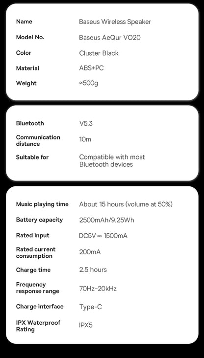 Caixa de Som Portátil Baseus AeQur VO20 para Camping, Bluetooth 5.3, Graves Potentes, 15 Horas de Reprodução, Mini Caixa de Som Sem Fio para Uso Externo, IPX5