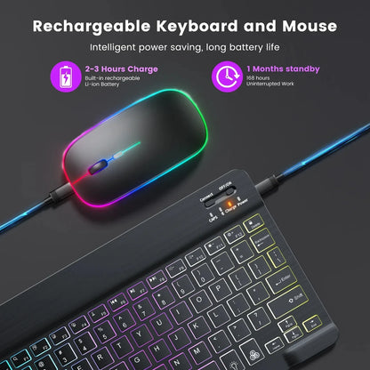 teclado bluetooth retroiluminado RGB mini de 10 polegadas com mouse sem fio recarregável compatível com idiomas espanhol, russo, hebraico, coreano, francês, árabe e português
