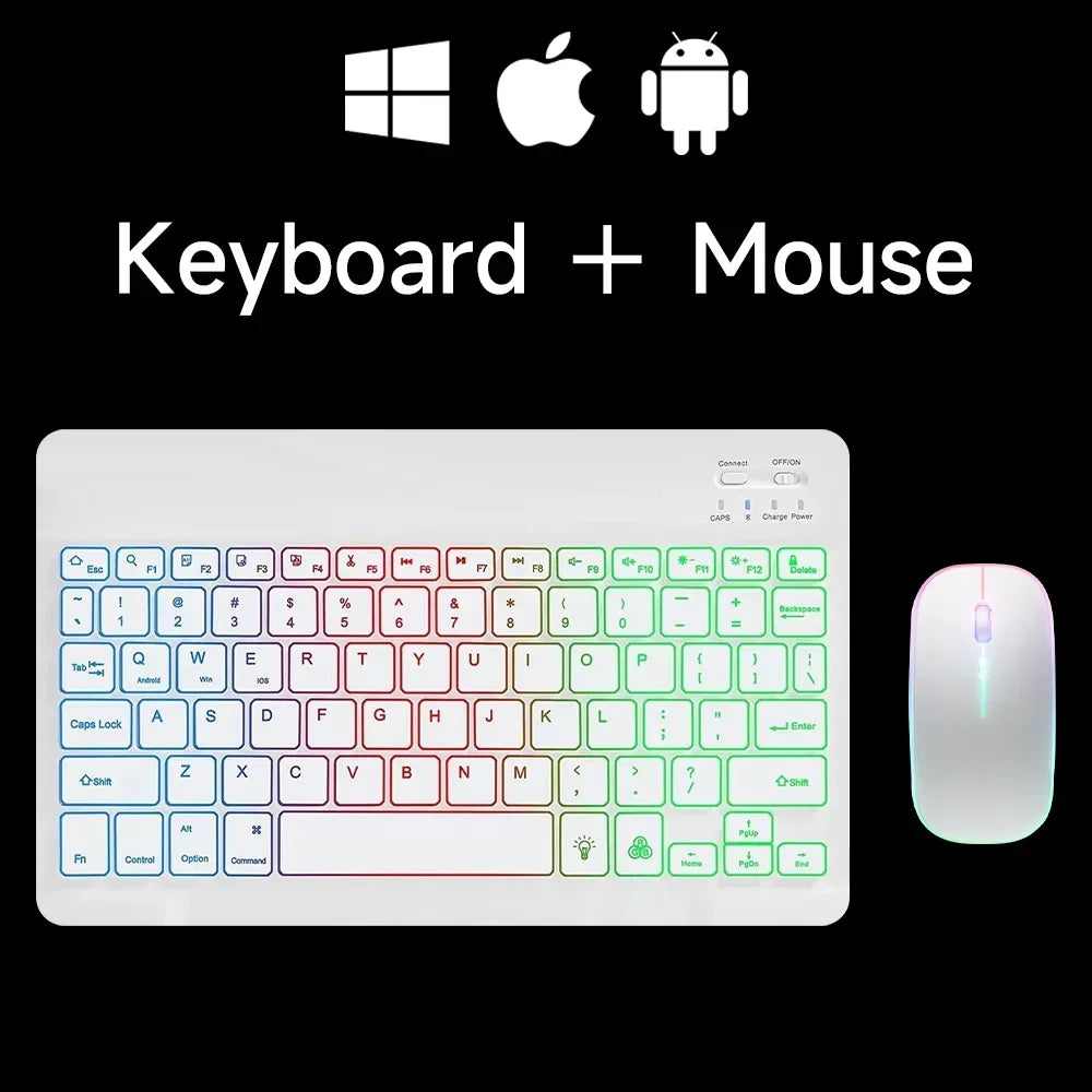 teclado bluetooth retroiluminado RGB mini de 10 polegadas com mouse sem fio recarregável compatível com idiomas espanhol, russo, hebraico, coreano, francês, árabe e português