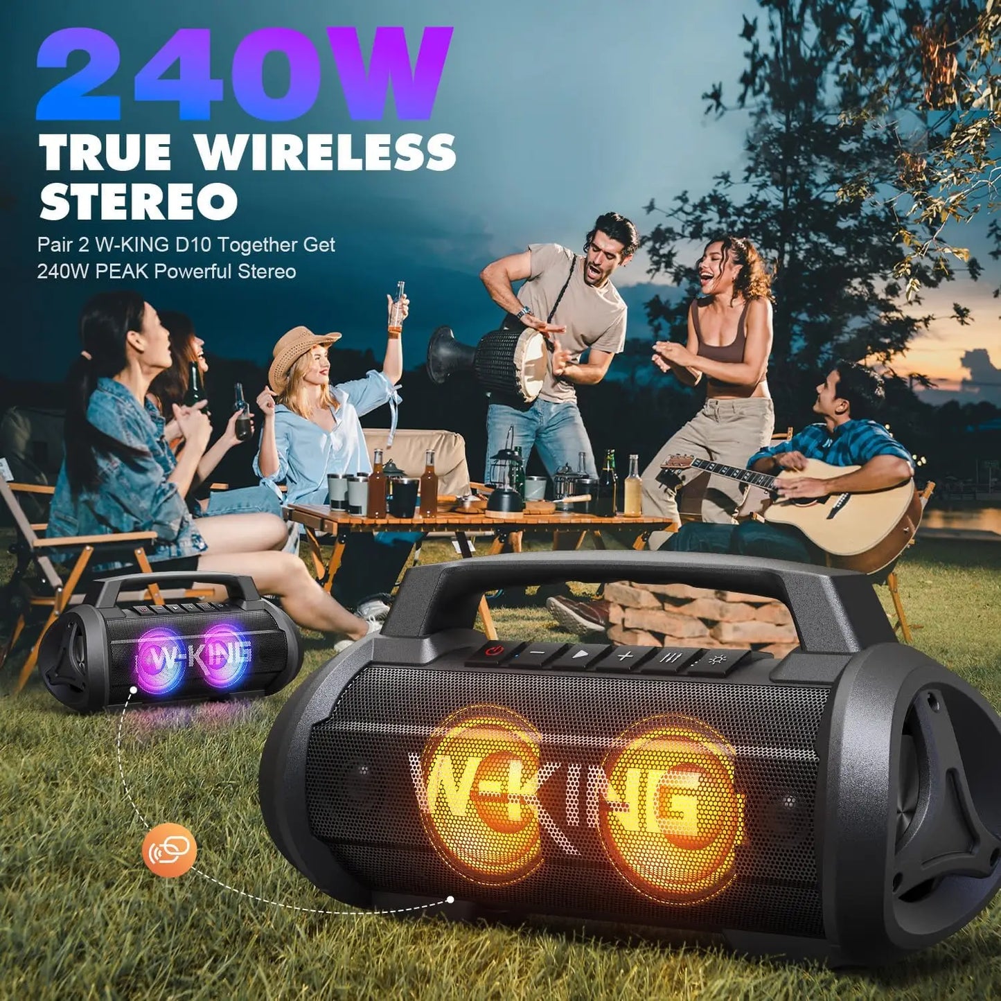 W-KING D10 alto-falante bluetooth portátil, 120W de pico 70W de potência sonora, alto-falante sem fio à prova d'água para uso externo, graves profundos