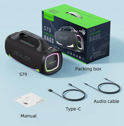 ZEALOT-S79 Alto-falante Portátil para Festas com Bluetooth 5.2, Alça de Transporte, 24 Horas de Reprodução – Ideal para Festas e Camping