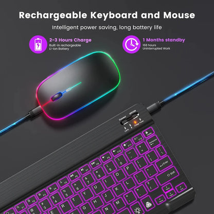 teclado bluetooth retroiluminado RGB mini de 10 polegadas com mouse sem fio recarregável compatível com idiomas espanhol, russo, hebraico, coreano, francês, árabe e português