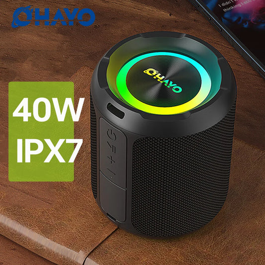 ohayo x3 alto-falante bluetooth portátil 40w, alto-falante sem fio à prova d'água ipx7 com luzes coloridas, entrada tf card/aux, para camping e caminhada