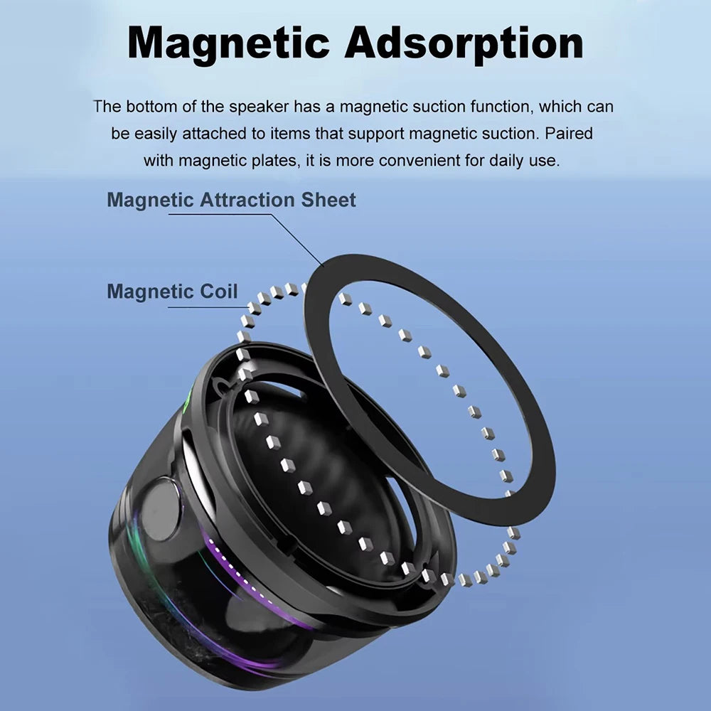 novo alto-falante bluetooth com luz multicolorida rgb e suporte magnético para celular alto-falante estéreo mini para viagem com luz rgb