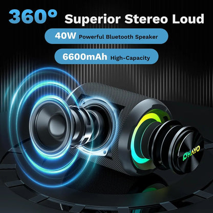 ohayo x3 alto-falante bluetooth portátil 40w, alto-falante sem fio à prova d'água ipx7 com luzes coloridas, entrada tf card/aux, para camping e caminhada