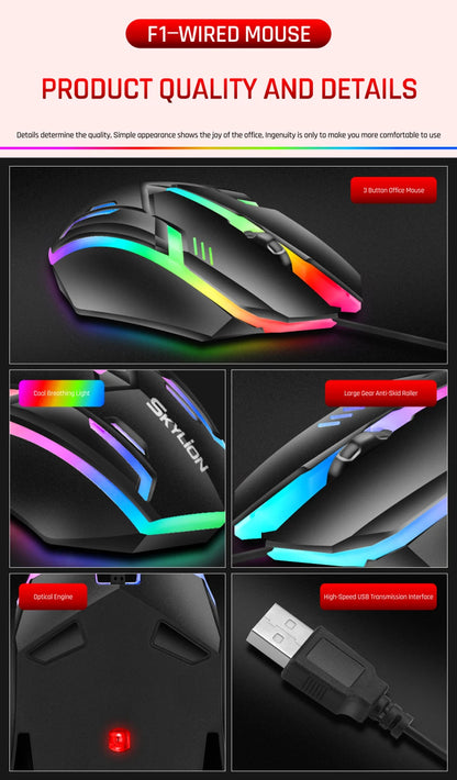 mouse com fio F1 de 3 botões iluminação colorida para jogos e escritório compatível com sistemas Microsoft Windows e Apple iOS