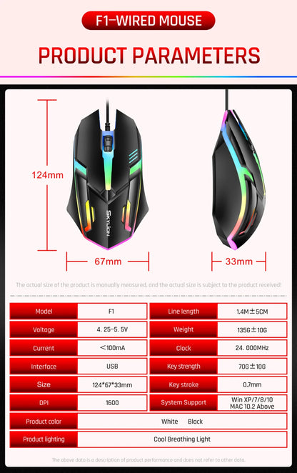 mouse com fio F1 de 3 botões iluminação colorida para jogos e escritório compatível com sistemas Microsoft Windows e Apple iOS