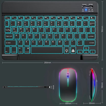 teclado bluetooth retroiluminado RGB mini de 10 polegadas com mouse sem fio recarregável compatível com idiomas espanhol, russo, hebraico, coreano, francês, árabe e português