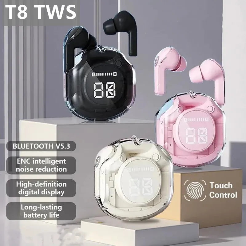 t8 pro tws fones bluetooth transparentes com display digital led fones intra-auriculares