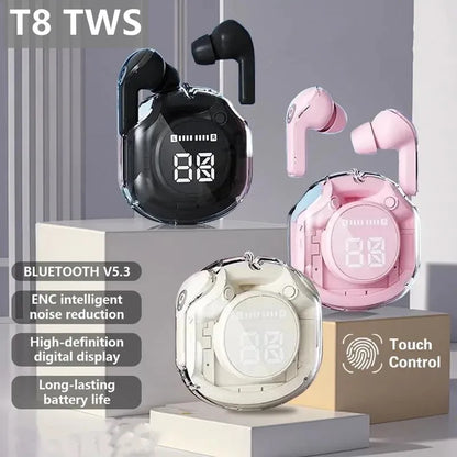 t8 pro tws fones bluetooth transparentes com display digital led fones intra-auriculares