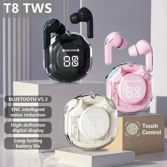 t8 pro tws fones bluetooth transparentes com display digital led fones intra-auriculares