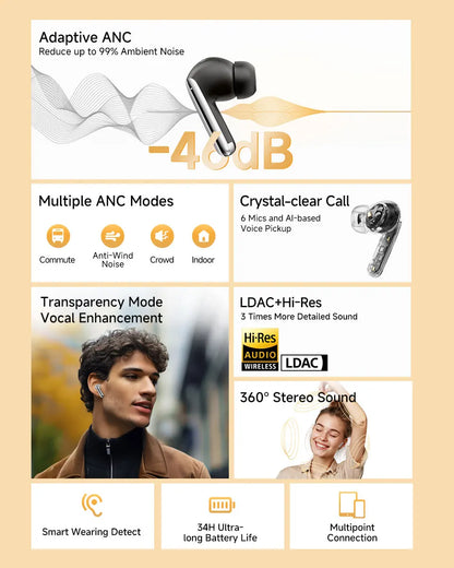 fone de ouvido sem fio QCY MeloBuds Pro ANC bluetooth 5.3 áudio de alta resolução com LDAC earbuds com cancelamento de ruído ativo de 46dB headphones