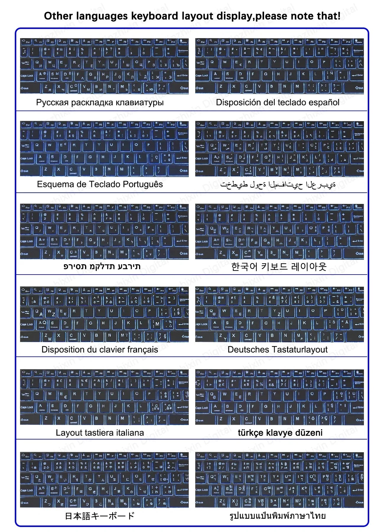 teclado bluetooth retroiluminado RGB mini de 10 polegadas com mouse sem fio recarregável compatível com idiomas espanhol, russo, hebraico, coreano, francês, árabe e português