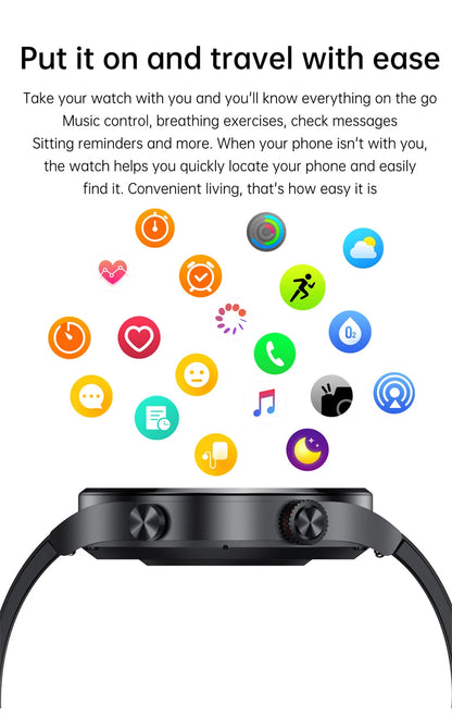 relógio inteligente masculino com chamadas via Bluetooth e NFC, tela colorida HD AMOLED 390×390, botão rotativo, rastreador fitness, à prova d’água IP68