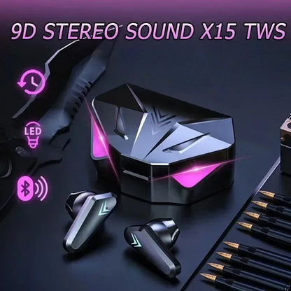 x15 fones gamer tws bluetooth sem fio com microfone áudio com graves posicionamento sonoro som estéreo 9d fone hifi para jogos