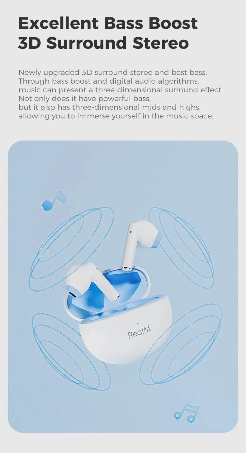 Fone de Ouvido Bluetooth Realfit F2 – Qualidade Hi-Fi Excelente, Fones TWS Sem Fio
