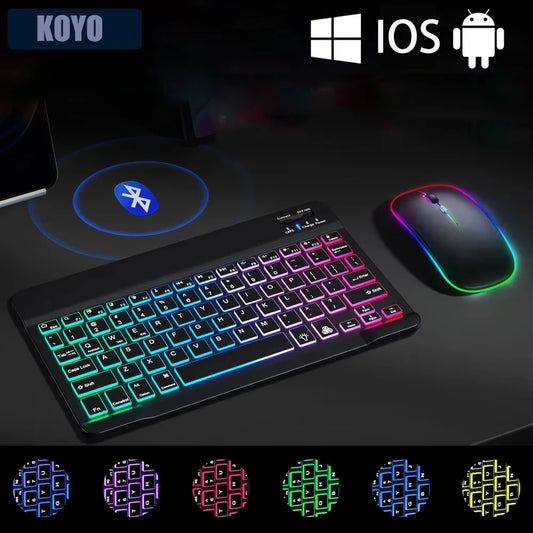 teclado bluetooth retroiluminado RGB mini de 10 polegadas com mouse sem fio recarregável compatível com idiomas espanhol, russo, hebraico, coreano, francês, árabe e português