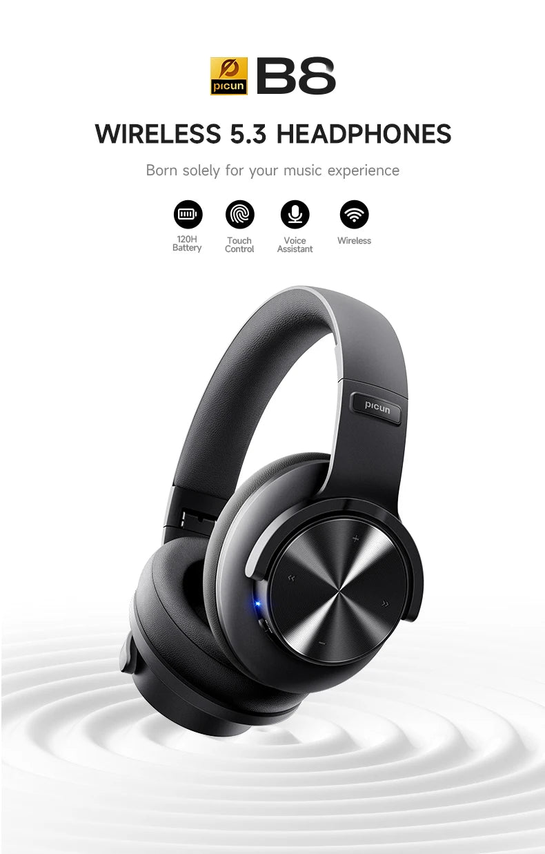 Fones de ouvido Bluetooth Picun B8 com 120 horas de reprodução, modo Bluetooth 3EQ sem fio, baixa latência, chamadas viva-voz, fones de ouvido sobre a orelha