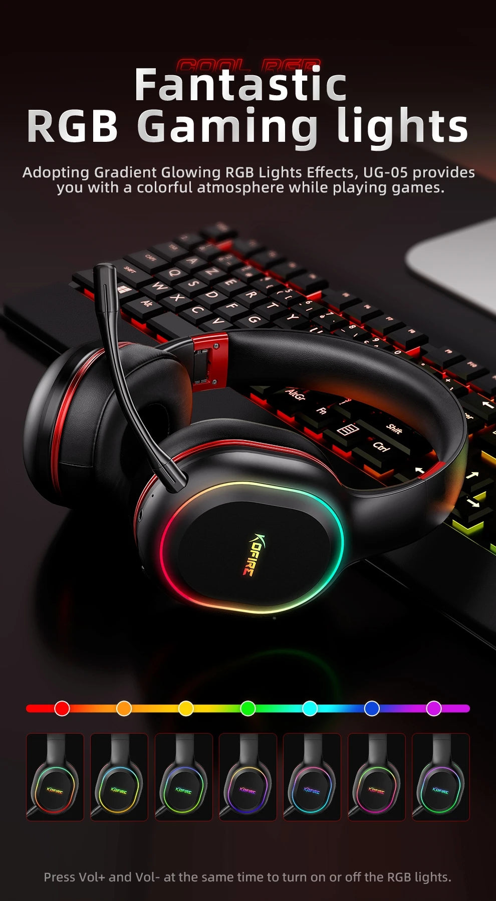 Fones de Ouvido Gamer Kofire UG-05 Headset Sem Fio 2.4G BT5.0 com Microfone, Luz RGB, Vibração, Fone Bluetooth para PS4 PS5 PC Switch