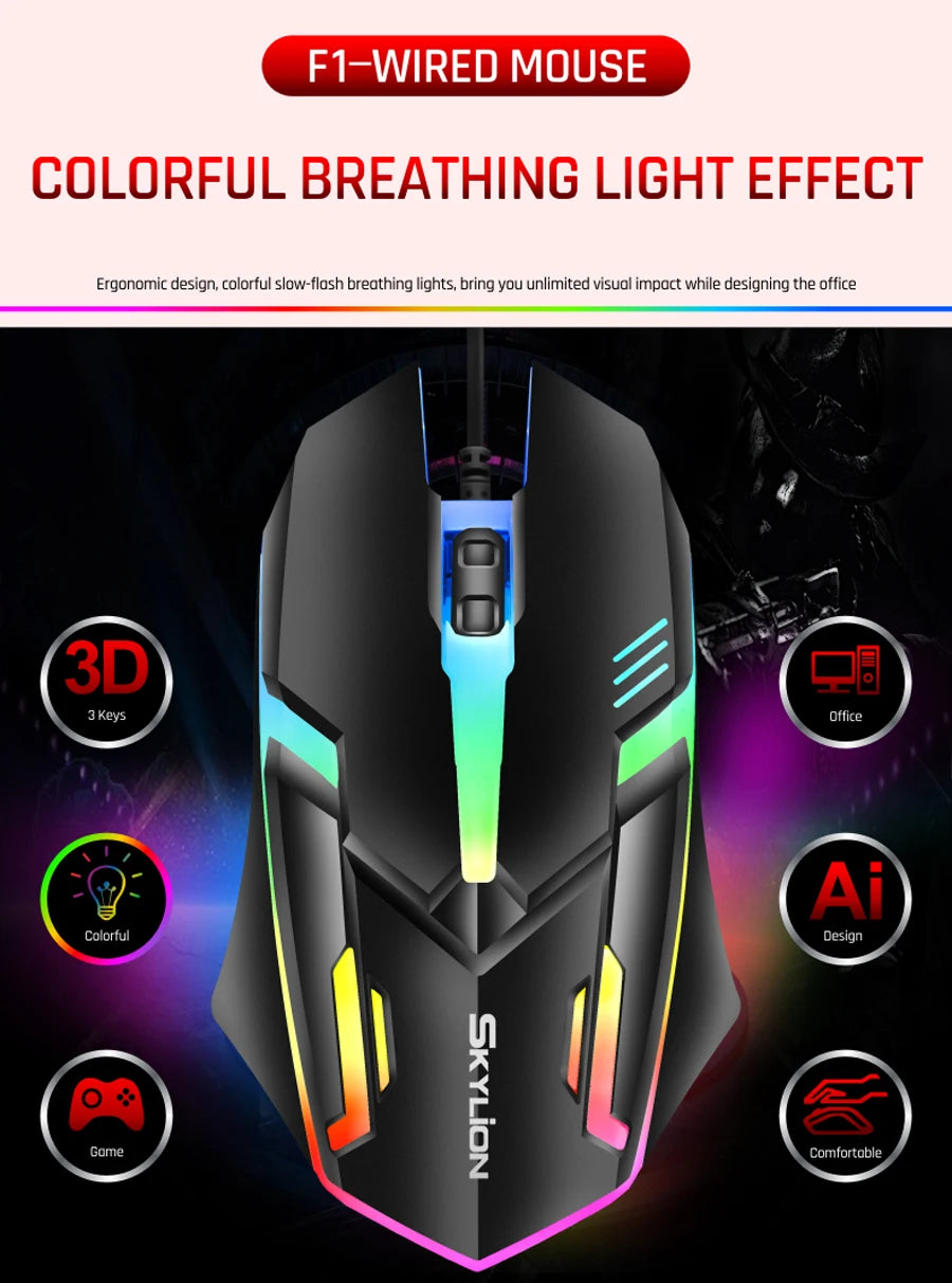 mouse com fio F1 de 3 botões iluminação colorida para jogos e escritório compatível com sistemas Microsoft Windows e Apple iOS