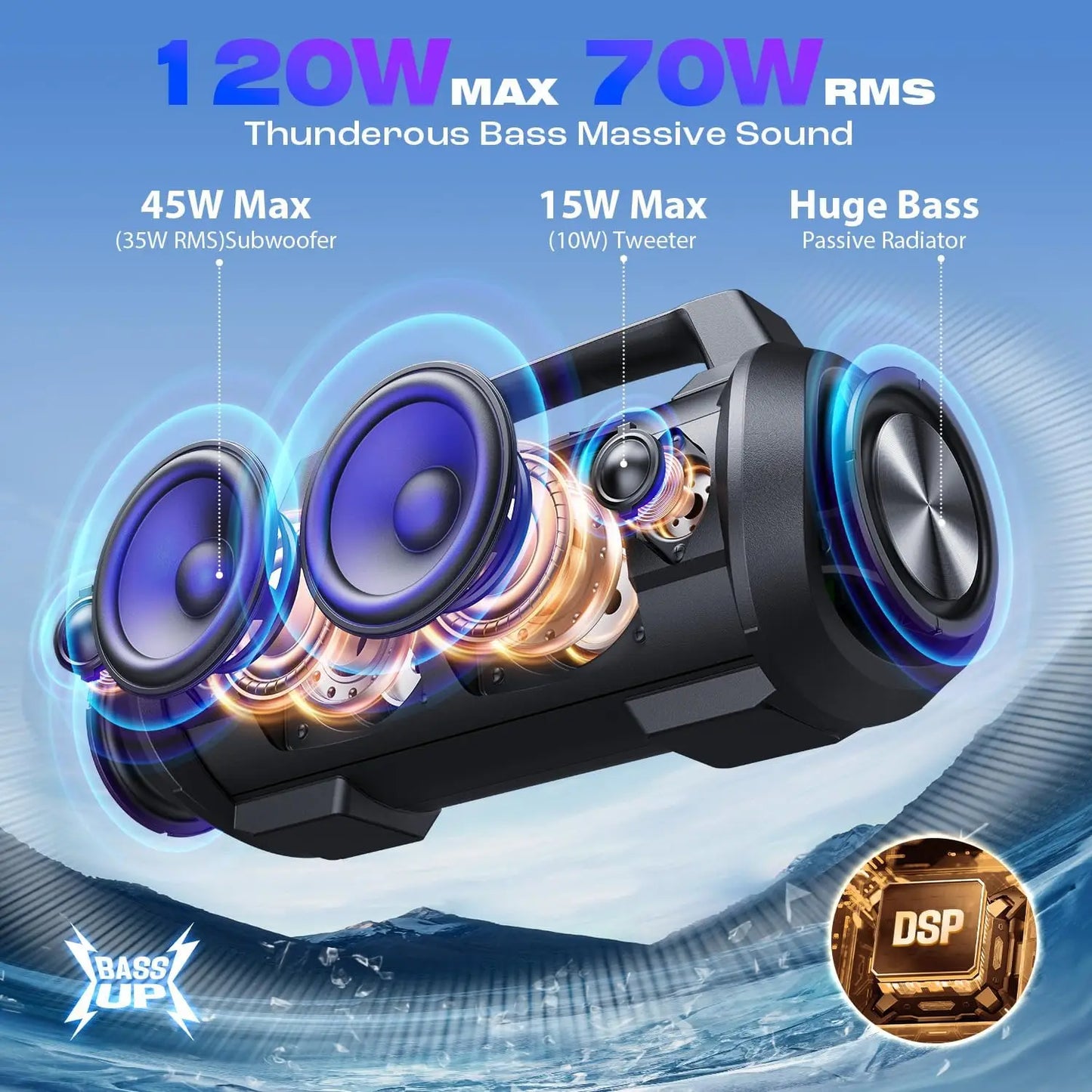 W-KING D10 alto-falante bluetooth portátil, 120W de pico 70W de potência sonora, alto-falante sem fio à prova d'água para uso externo, graves profundos