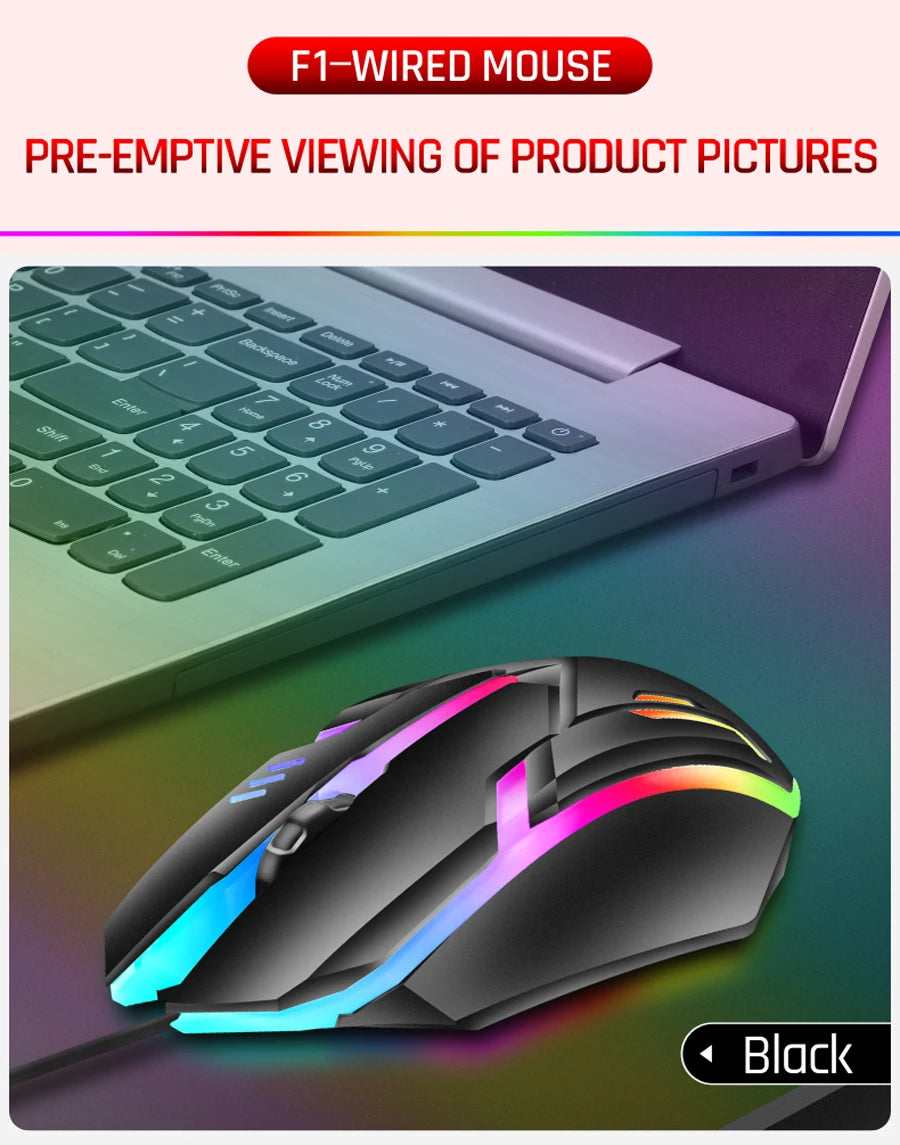 mouse com fio F1 de 3 botões iluminação colorida para jogos e escritório compatível com sistemas Microsoft Windows e Apple iOS