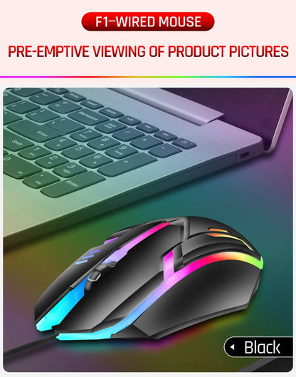 mouse com fio F1 de 3 botões iluminação colorida para jogos e escritório compatível com sistemas Microsoft Windows e Apple iOS