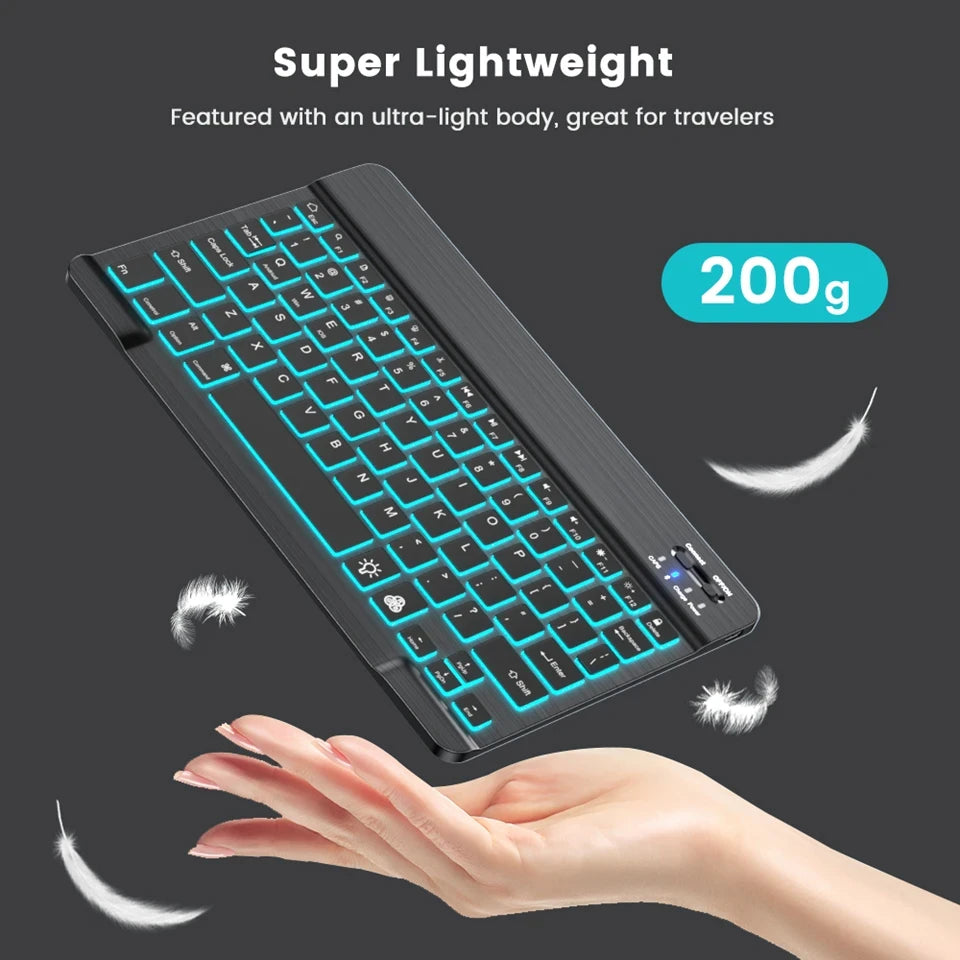 teclado bluetooth retroiluminado RGB mini de 10 polegadas com mouse sem fio recarregável compatível com idiomas espanhol, russo, hebraico, coreano, francês, árabe e português