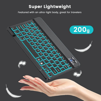 teclado bluetooth retroiluminado RGB mini de 10 polegadas com mouse sem fio recarregável compatível com idiomas espanhol, russo, hebraico, coreano, francês, árabe e português