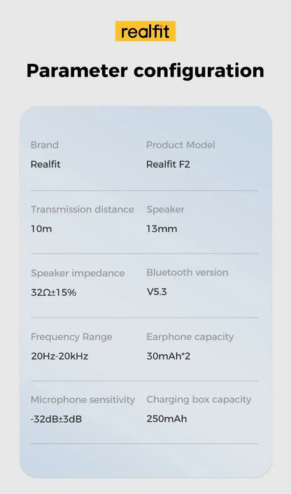 Fone de Ouvido Bluetooth Realfit F2 – Qualidade Hi-Fi Excelente, Fones TWS Sem Fio